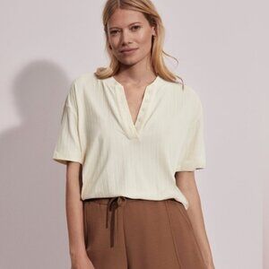 Varley Womens XS Kasey Mock Placket Rib Tee Shirt Cream V-neck Pullover Button